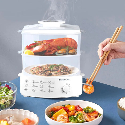 Electric Food Steamer & Defroster Healthy Cooking, 1500W, 2-Tier, Fast & Energy Saving